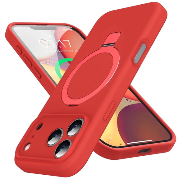 JETeacka Designed for iPhone 17 Pro Max Case with Magnetic Invisible Stand, [Compatible with Mag-Safe]Liquid Silicone Shockproof Cover with Anti-Scratch Microfiber Lining, Red