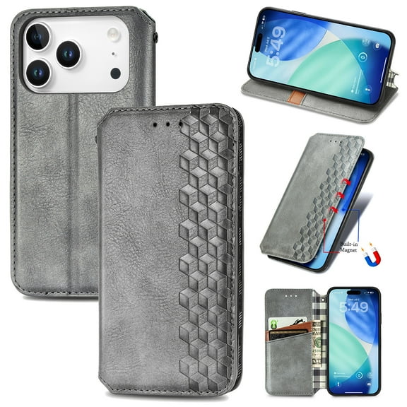 Designed for iPhone 17 Pro Max Case, Retro PU Leather Wallet Phone Case with Credit Card Holder Protective Shockproof Magnetic Kickstand Flip Cover for iPhone 17 Pro Max, Gray