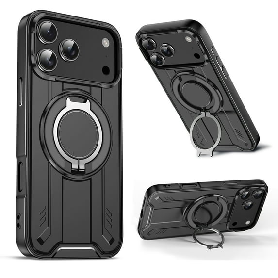 Designed for iPhone 17 Pro Max Magnetic Case, Compatible with Magsafe, 10ft Drop Test Hard Rugged, 360 Rotating Ring Kickstand Heavy Duty Shockproof Protection Phone Case,Black