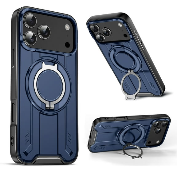 Designed for iPhone 17 Pro Max Magnetic Case, Compatible with Magsafe, 10ft Drop Test Hard Rugged, 360 Rotating Ring Kickstand Heavy Duty Shockproof Protection Phone Case,Blue