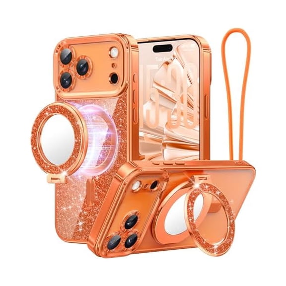 Designed for iPhone 17 Pro Max Magnetic Case with Removable Phone Ring Stand, Glitter Card & Wrist Strap, Compatible with MagSafe, Built in Mirror, Phone Ring Holder + Case Kit, Orange