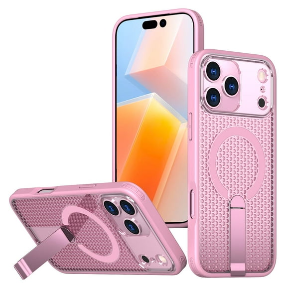 Designed For iPhone 17 Pro Max Magnetic Phone Case,3D Hollow Mesh Heat Dissipation Design,With Contractile Kickstand,Compatible with Mag-safe,Breathable Cooling Shockproof Phone Case,Pink