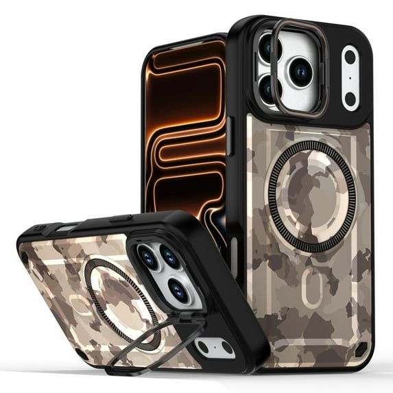 Designed For iPhone 17 Pro Max Magnetic Phone Case,Compatible with Mag-safe,Camouflage Print Back Design,Heavy Duty Shockproof Drop Protection,With Lens Ring Kickstand,Durable Phone Case,C