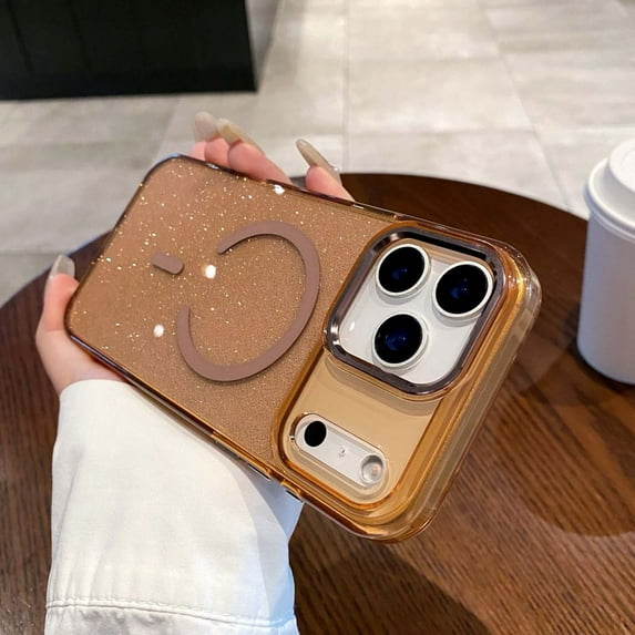 Designed For iPhone 17 Pro Max Phone Case,Clear Sparkly Cute Bling Hard Magnetic Phone Cover,Compatible with Mag-safe,Ultra Slim Shockproof Anti-Scratch Drop Protection Phone Case,Gold