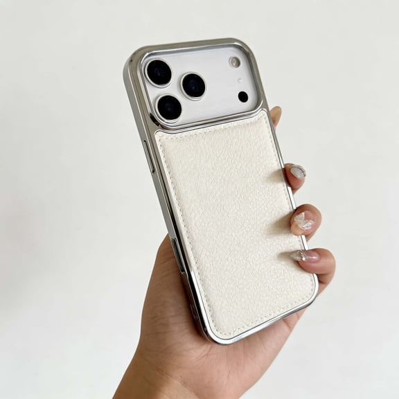 Designed For iPhone 17 Pro Max Phone Case,Electroplated Bumper + Anti-Scratch Lychee Pattern PU Leather Back Hybrid Protection,Shockproof Anti-fall Non-slip Thin Fit Durable Phone Case,Silver