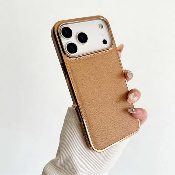 Designed For iPhone 17 Pro Max Phone Case,Electroplated Bumper + Anti-Scratch Lychee Pattern PU Leather Back Hybrid Protection,Shockproof Anti-fall Non-slip Thin Fit Durable Phone Case,Gold