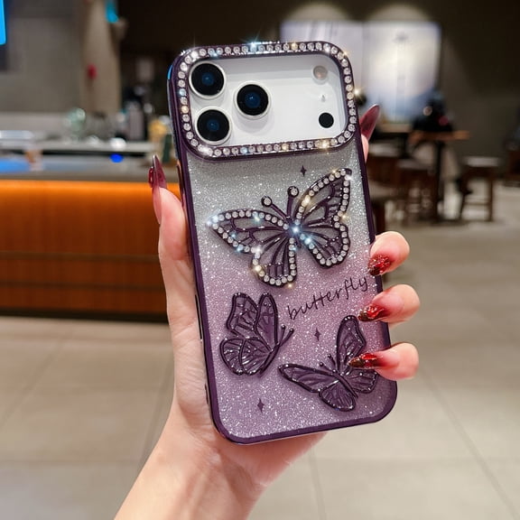 Designed for iPhone 17 Pro Max Phone Case,Luxury Diamond Butterfly Design,Cute Gradient Glitter Bling Diamond Rhinestone Sparkly Cover,Shockproof Anti-Scratch Electroplated Phone Case,Purple