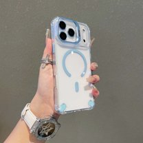 Designed For iPhone 17 Pro Max Phone Case,With Camera Ring Kickstand,Four Corners Anti-fall,[Compatible with MagSafe] With Lens Film,Shockproof Rugged Transparent Phone Case Cover,Blue
