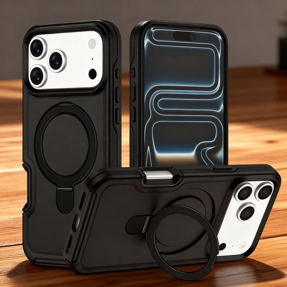 Designed For iPhone 17 Pro Max Phone Case,With Contractile Ring Kickstand,Heavy Duty Shockproof Anti-fall Drop Protection,Durable Rugged Thin Fit Rugged Anti-scratch Phone Case Cover,Black