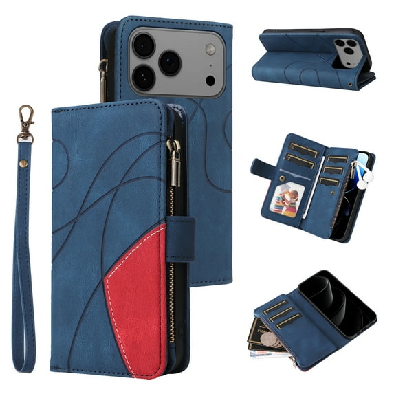 Designed for iPhone 17 Pro Max, Wallet Cases Zipper Leather Card Slot Flip Magnetic Phone Cover Compatible with iPhone 17 Pro Max Wrist Strap Kickstand Stand Purse, Blue