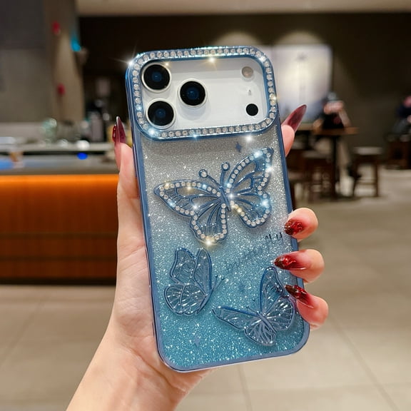 Designed for iPhone 17 Pro Phone Case,Luxury Diamond Butterfly Design,Cute Gradient Glitter Bling Diamond Rhinestone Sparkly Cover,Shockproof Anti-Scratch Electroplated Phone Case,Blue