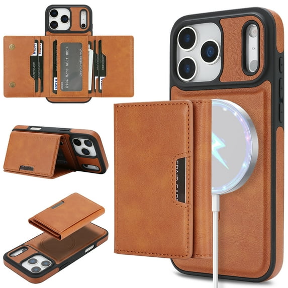 Designed for iPhone 17 Pro Wallet Case,2-in-1 Magnetic Detachable Card Holder,Compatible with Mag-safe,With Kickstand,PU Leather Anti-Scratch Shockproof Rugged Phone Case,Brown