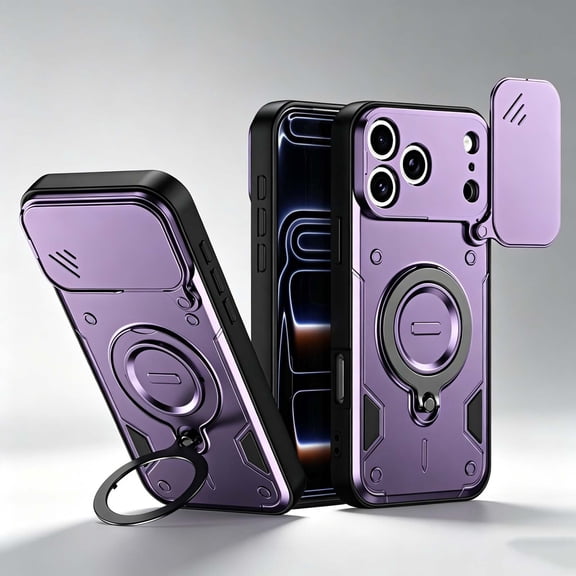 Designed For iPhone 18 Pro Max Phone Case,360° Rotatable Ring Kickstand,With Sliding Camera Cover,Heavy Duty Full Body Rugged Shockproof Non-Slip Drop Protection,Durable Phone Case,Purple