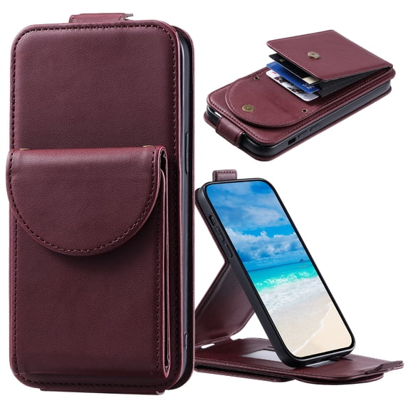 Designed for iPhone 7 Plus/8 Plus Wallet Case, Premium PU Leather Photo/Card/Cash Slots Kickstand Magnetic Snap Flip Case Cover with Crossbody Strap & Lanyard for iPhone 7 Plus/8 Plus, Winered