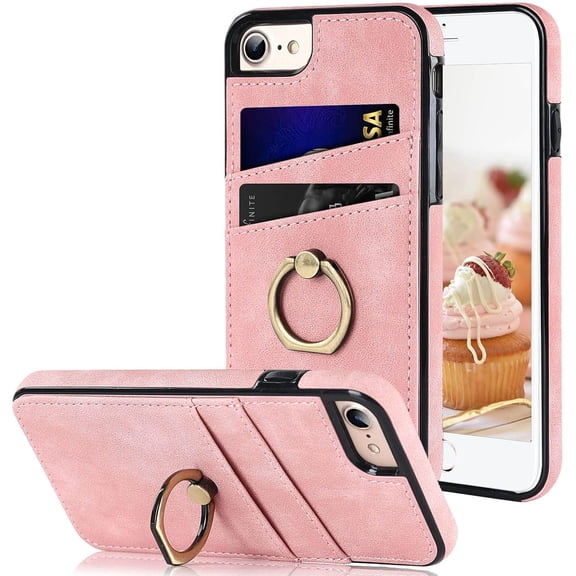 Designed for iPhone 8 Case/iPhone 7 Case/iPhone SE 3rd Generation Case/iPhone SE 2020 Case/,Card Holder Kick-stand,Ring Holder Stand,Shockproof Leather Protective Wallet Cover (4.7-inch) (Pink)