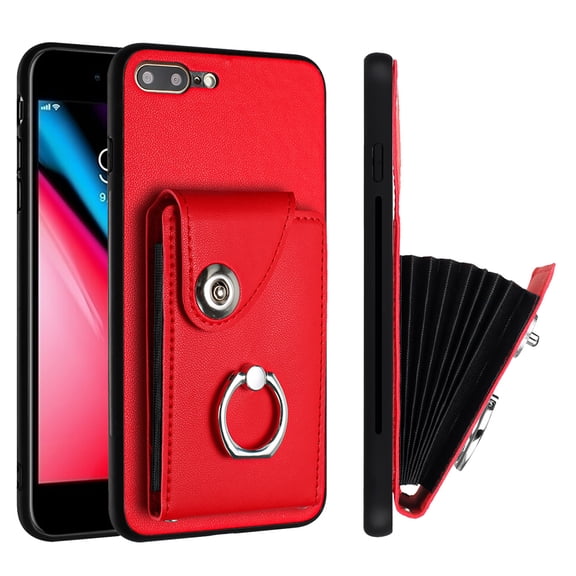Designed for iPhone 8 Plus / iPhone 7 Plus Case Wallet Credit Card Holder with Rotation Finger Ring Kickstand, Hidden Pocket Anti-Scratch PU Leather Shockproof Protective Cover, Red
