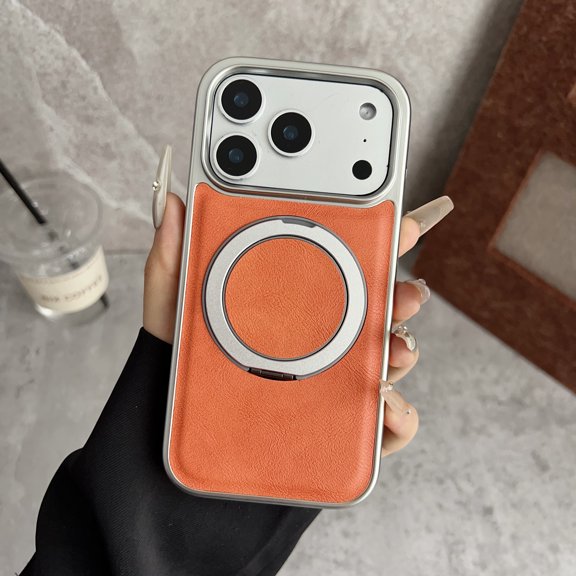 Designed for iPhone Air Case Compatible with Mag-Safe Kickstand PU Leather Slim Classic Luxury Elegant Slim Plating Protective Cover with Rotated Ring Stand for iPhone Air, Orange