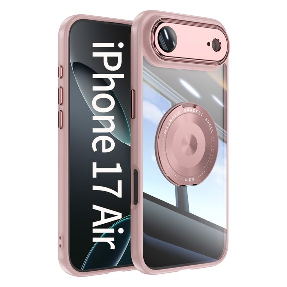 Designed for iPhone Air Crystal Clear Back Case, Luxury Case with Lens Protector Drop Protective Magnetic Rotating Ring Kickstand Shockproof Thin Fit Phone Case Cover, Pink