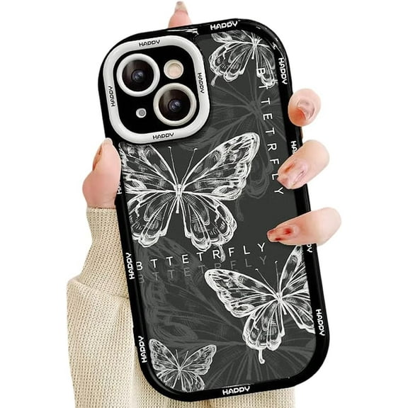 Designed for iPhone Case,Cute Bubble Frame Simple Line Butterfly Pattern Silicone Camera Lens Protection Shockproof Cover Phone Case (iPhone 15 Pro Max,Black)
