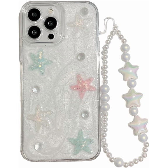Designed for iPhone Case,Cute Crystal Pearl Small Starfish Camera Lens Protection with Pear Hand Bracelet Shockproof Protective Cover Phone Case (iPhone 12 Pro,White)