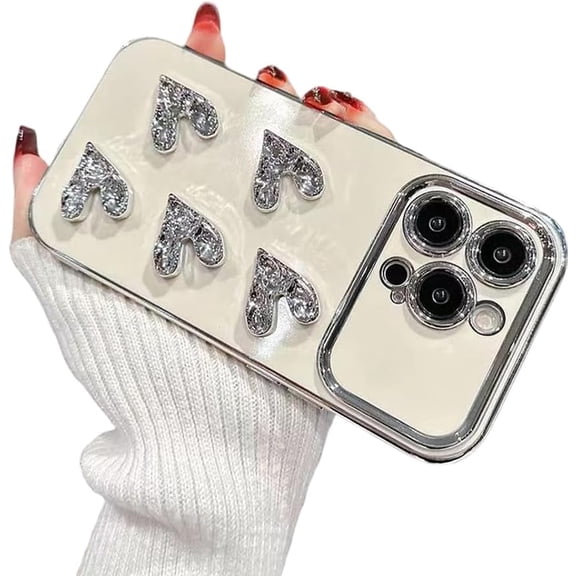 Designed for iPhone Case,Cute Large Window View 3D Electroplated Love Heart Camera Lens Protection Shockproof Protective Cover Phone Case (White,iPhone 15)