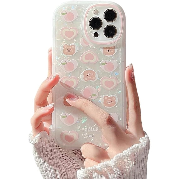 Designed for iPhone Case,Cute Love Heart Bear Pearl Pattern with Pear Hand Bracelet Camera Lens Protection Shockproof Protective Cover Phone Case (iPhone 12 Pro Max,Pink)