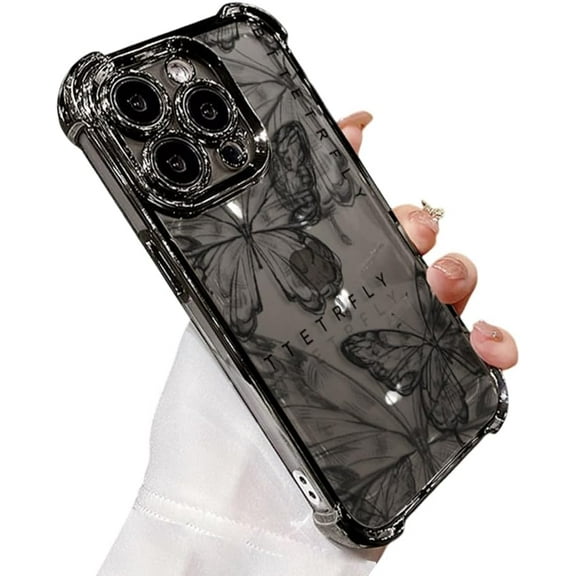Designed for iPhone Case,Cute Simple Line Butterfly Pattern Four Corner Silicone Camera Lens Protection Shockproof Cover Phone Case (Black,iPhone 13 Pro)