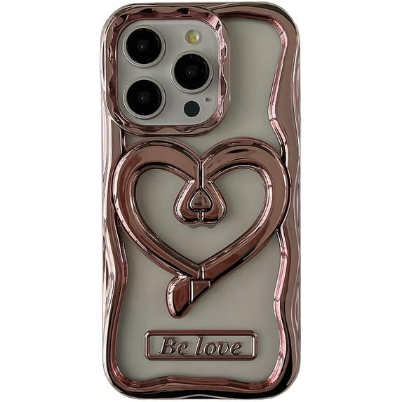 Designed for iPhone Case,Cute Wave Electroplating Frame with Loveheart Kickstand Camera Lens Protection Shockproof Protective Cover Phone Case (iPhone 13 Pro Max,Pink)