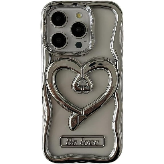 Designed for iPhone Case,Cute Wave Electroplating Frame with Loveheart Kickstand Camera Lens Protection Shockproof Protective Cover Phone Case (iPhone 14,Grey)