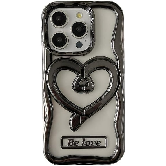 Designed for iPhone Case,Cute Wave Electroplating Frame with Loveheart Kickstand Camera Lens Protection Shockproof Protective Cover Phone Case (iPhone 15 Pro,Black)