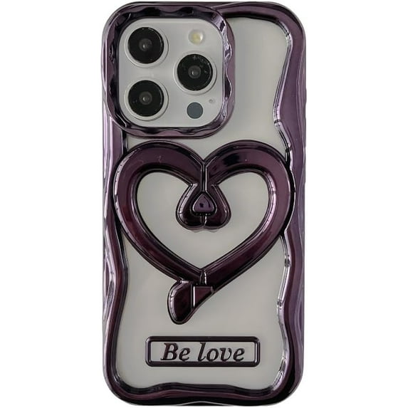 Designed for iPhone Case,Cute Wave Electroplating Frame with Loveheart Kickstand Camera Lens Protection Shockproof Protective Cover Phone Case (iPhone 15,Purple)