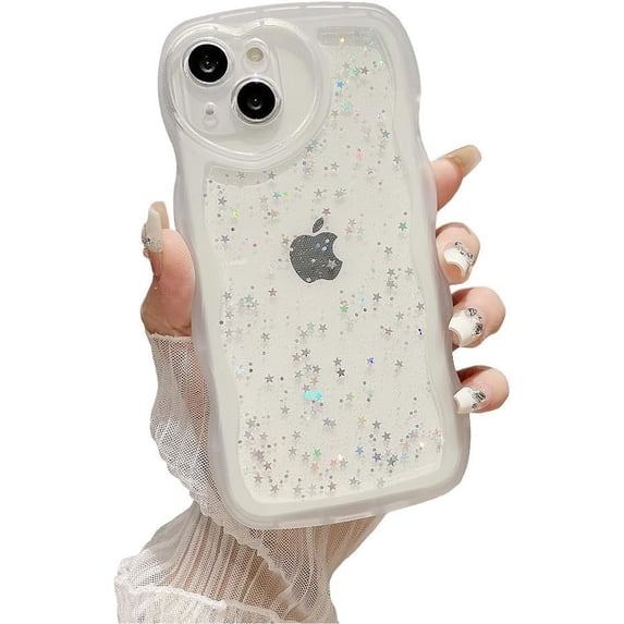 Designed for iPhone Case,Cute Wave Frame Glitter Sparkle Sparkly Star Clear Camera Lens Protection Shockproof Protective Cover Phone Case (iPhone 12 Pro Max,White)