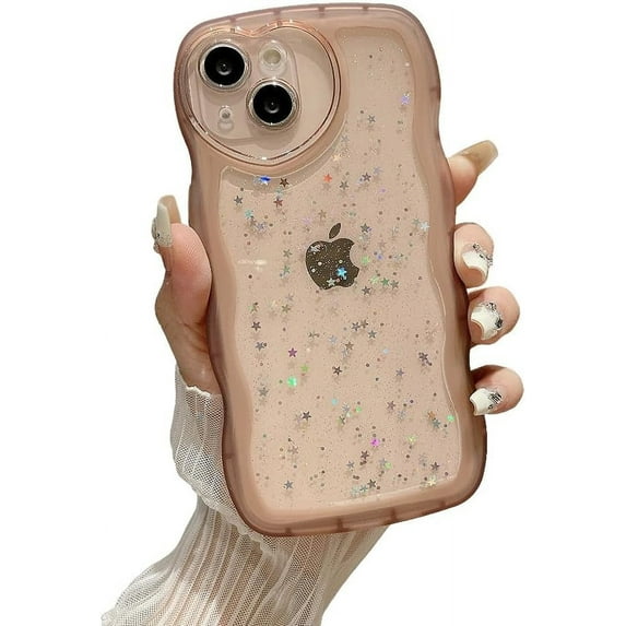 Designed for iPhone Case,Cute Wave Frame Glitter Sparkle Sparkly Star Clear Camera Lens Protection Shockproof Protective Cover Phone Case (iPhone 14,Pink)