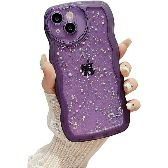 Designed for iPhone Case,Cute Wave Frame Glitter Sparkle Sparkly Star Clear Camera Lens Protection Shockproof Protective Cover Phone Case (iPhone 14 Pro,Purple)