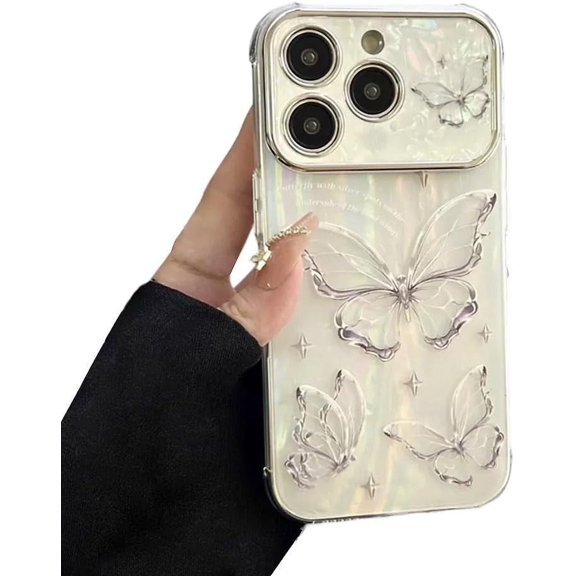 Designed for iPhone Case,Glitter Butterfly Pearl Shell Pattern Large Window Camera Lens Protection Shockproof Protective Cover Phone Case (Butterfly,iPhone 15)