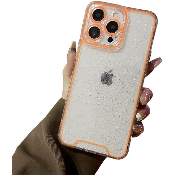 Designed for iPhone Case,Luminous Glitter Crystal Glowing in The Dark Fluorescence Edge Night Shine Camera Lens Protection Shockproof Protective Cover Phone Case (iPhone 15,Orange)