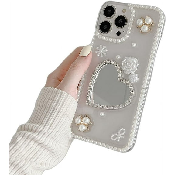 Designed for iPhone Case,Luxury 3D Pearl Flower with Love Heart Shape Mirror Camera Lens Protection Shockproof Protective Cover Phone Case (White,iPhone 11)