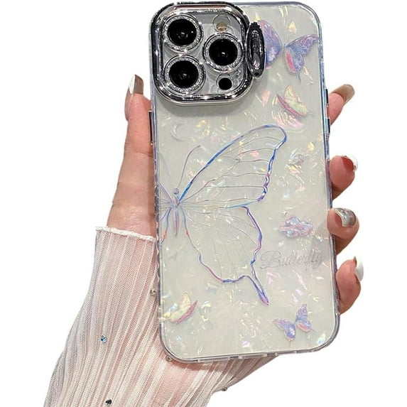 Designed for iPhone Case,Luxury Butterfly Pearl Pattern Electroplating Camera Lens Protection Kickstand Shockproof Protective Cover Phone Case (iPhone 14 Pro Max,White)