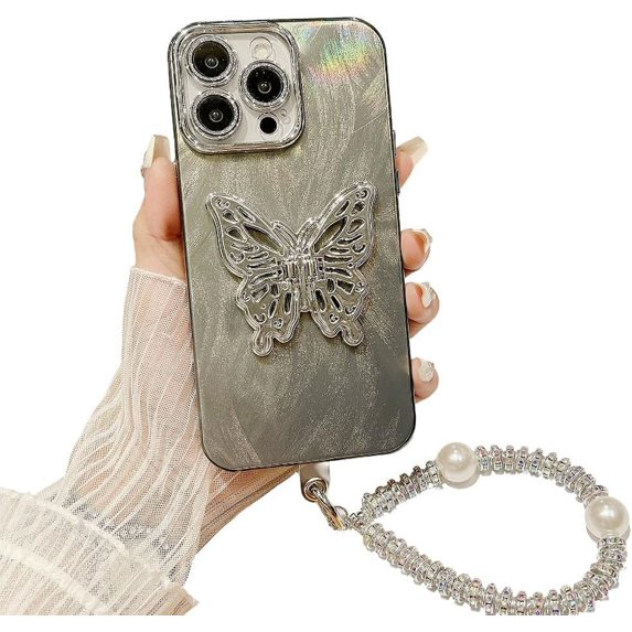 Designed for iPhone Case,Luxury Electroplated Feather Butterfly Pattern with Hand Bracelet Shockproof Protective Cover Phone Case (iPhone 12 Pro Max,Grey)