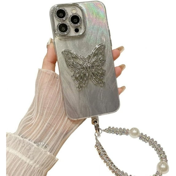 Designed for iPhone Case,Luxury Electroplated Feather Butterfly Pattern with Hand Bracelet Shockproof Protective Cover Phone Case (iPhone 12 Pro Max,Silver)