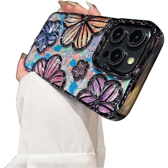 Designed for iPhone Case,Luxury Electroplated Glitter Bling Colorful Retro Oil Painting Flower Floral Print Shockproof Protective Cover Phone Case (Black,iPhone 15)