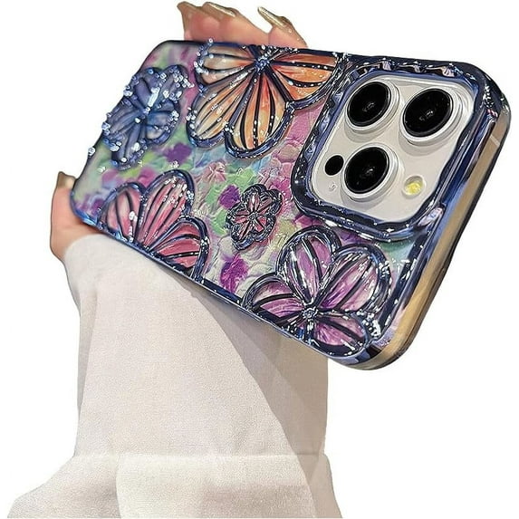 Designed for iPhone Case,Luxury Electroplated Glitter Bling Colorful Retro Oil Painting Flower Floral Print Shockproof Protective Cover Phone Case (Blue,iPhone 14 Pro)