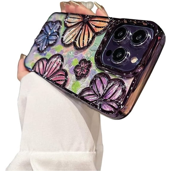 Designed for iPhone Case,Luxury Electroplated Glitter Bling Colorful Retro Oil Painting Flower Floral Print Shockproof Protective Cover Phone Case (Purple,iPhone 12)