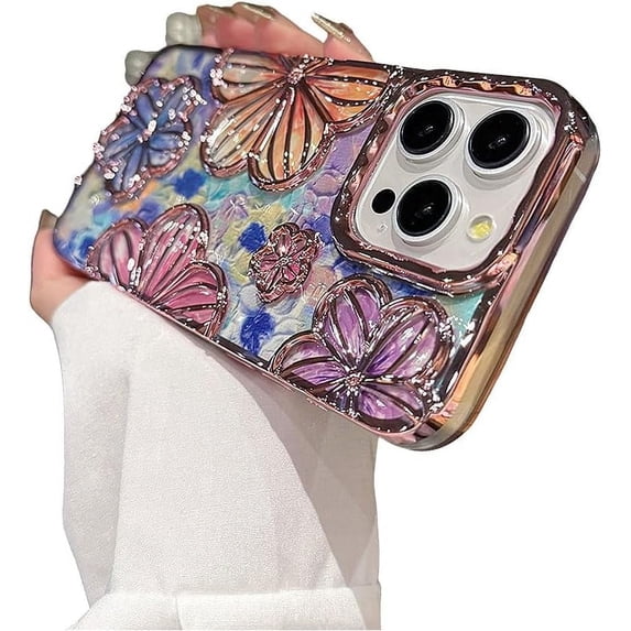 Designed for iPhone Case,Luxury Electroplated Glitter Bling Colorful Retro Oil Painting Flower Floral Print Shockproof Protective Cover Phone Case (Rosegold,iPhone 11)