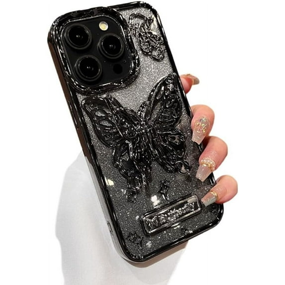 Designed for iPhone Case,Luxury Electroplated Glitter Sparkle Sparkly Gradient with Butterfly Kickstand Shockproof Protective Cover Phone Case (Black,iPhone 11 Pro Max)