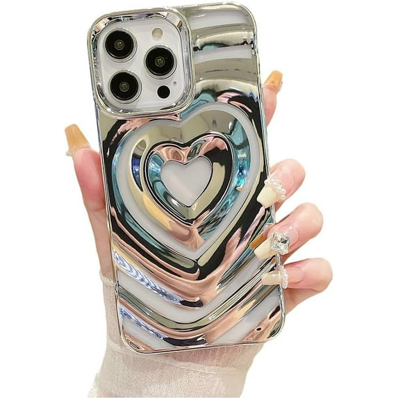 Designed for iPhone Case,Luxury Electroplated Hollow Love Heart Camera Lens Protection Shockproof Protective Cover Phone Case (iPhone 15 Pro Max,Silver)