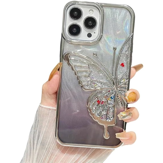 Designed for iPhone Case,Luxury Electroplated Liquid Floating Gradient Glitter Quicksand Butterfly Camera Lens Protection Shockproof Protective Cover Phone Case (iPhone 13 Pro,Grey)
