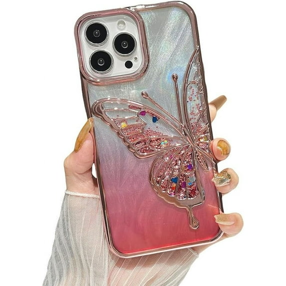 Designed for iPhone Case,Luxury Electroplated Liquid Floating Gradient Glitter Quicksand Butterfly Camera Lens Protection Shockproof Protective Cover Phone Case (iPhone 13,Pink)
