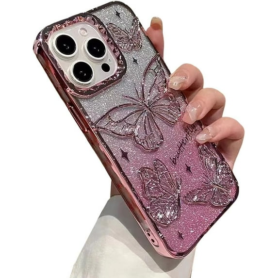 Designed for iPhone Case,Luxury Electroplated Liquid Floating Gradient Glitter Quicksand Butterfly Clear Camera Lens Protection Shockproof Protective Cover Phone Case (iPhone 12 Pro,Pink)
