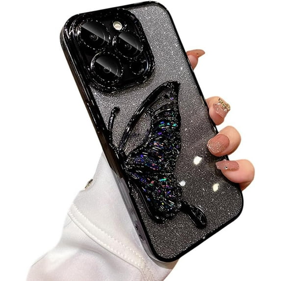 Designed for iPhone Case,Luxury Electroplated Liquid Floating Gradient Glitter Quicksand Butterfly Clear Shockproof Protective Cover Phone Case (Black,iPhone 15 Pro)